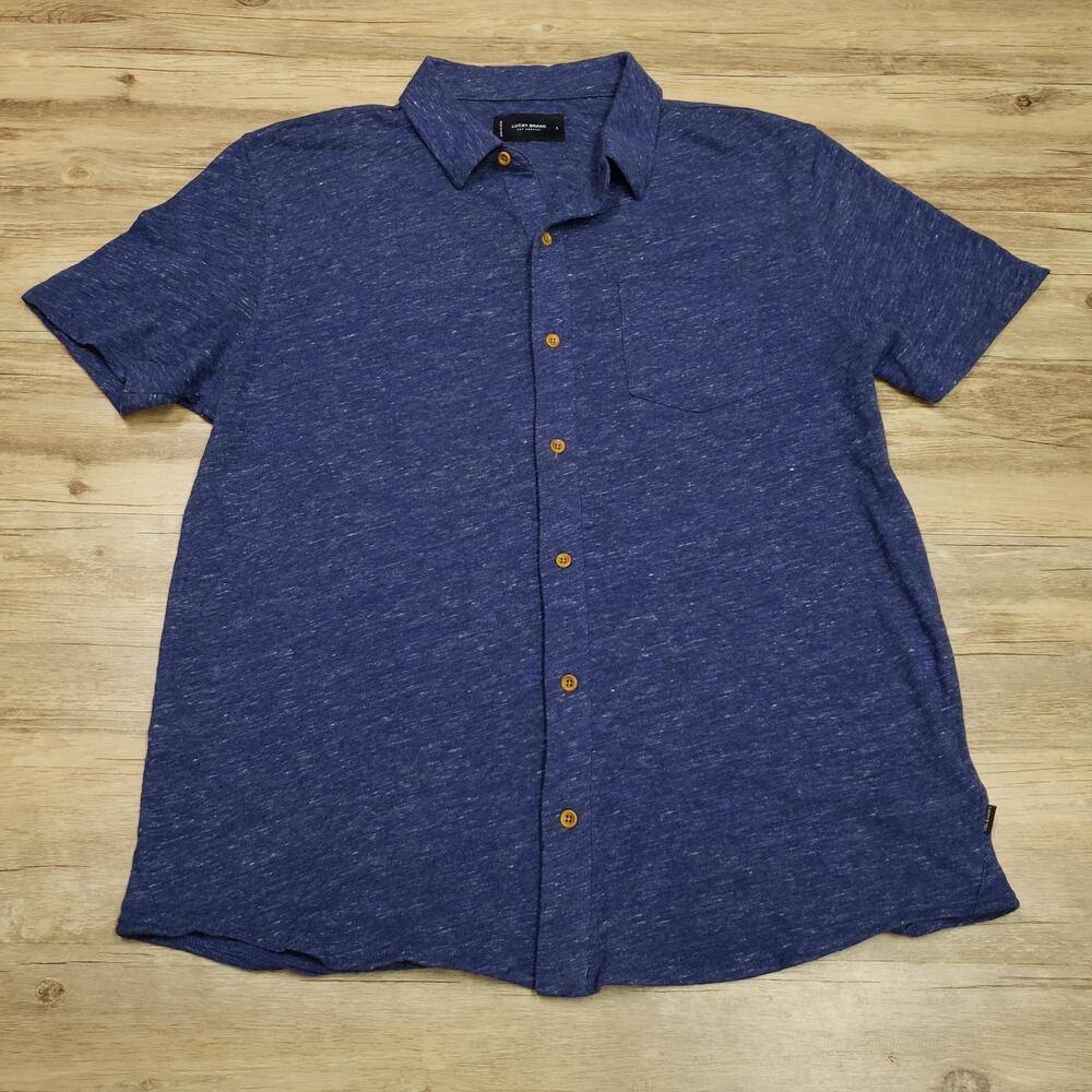 Lucky Brand Shirt Mens Large Blue Heather Short Sleeve Jersey Button Up Casual